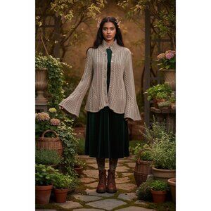 Sundance Silk Cable Knit Bell Sleeves Cardigan Small Brown Witchy Granny Hippie